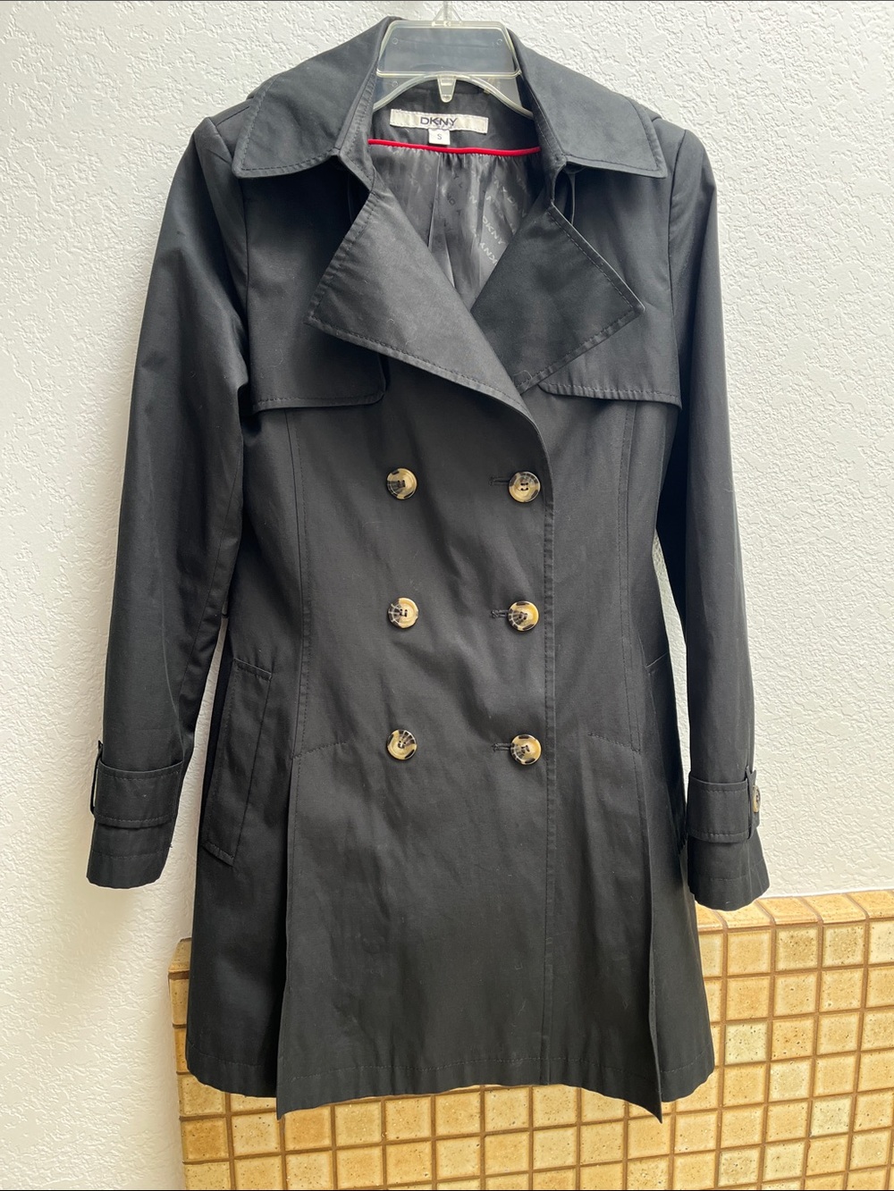 DKNY Black Double-Breasted Trench with Tortoise Buttons